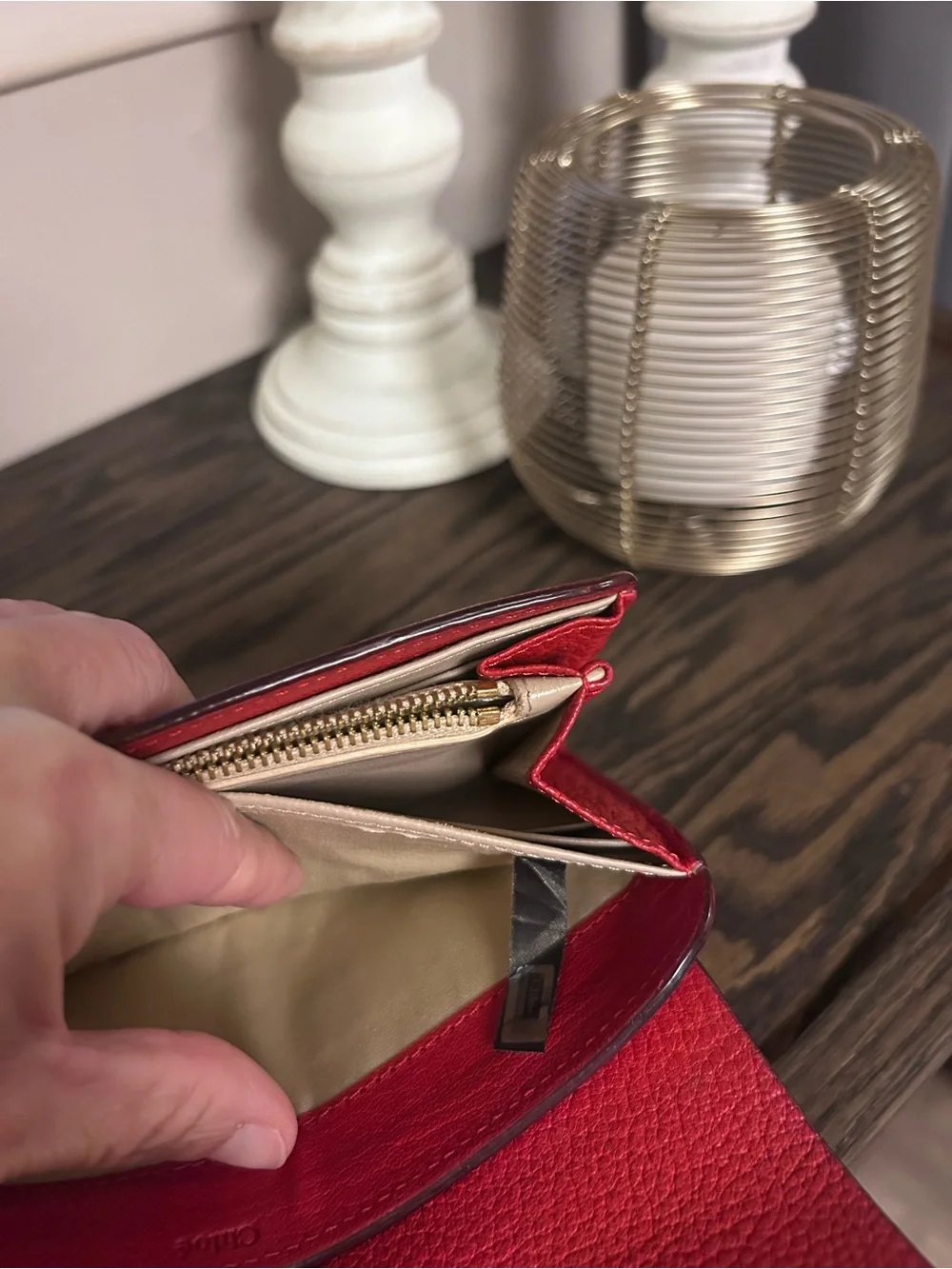 Chloe Drew Red Leather Chain-Accent Clutch with Gold Hardware